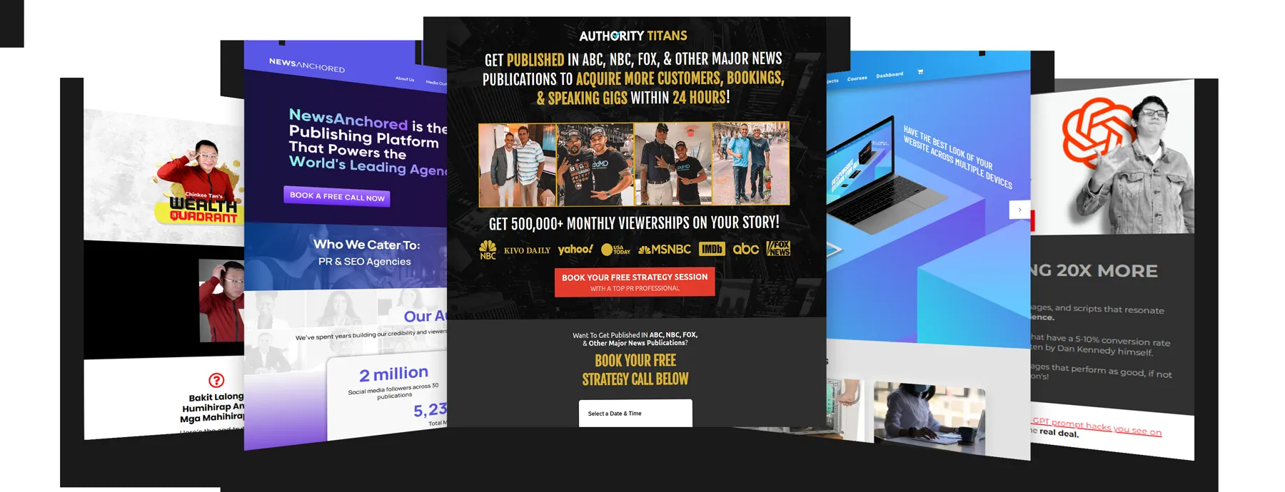 Collage of funnels and websites built by AACIO
