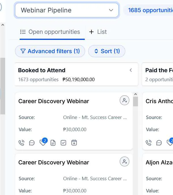 Webinar pipeline showing 1,685 opportunities